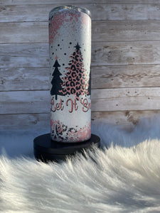 Let It Snow Pink Leopard Christmas Tree Glitter Sublimation Tumbler