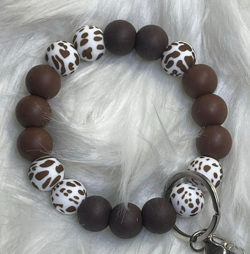 Brown Cow Print Beaded Wristlet Keychain