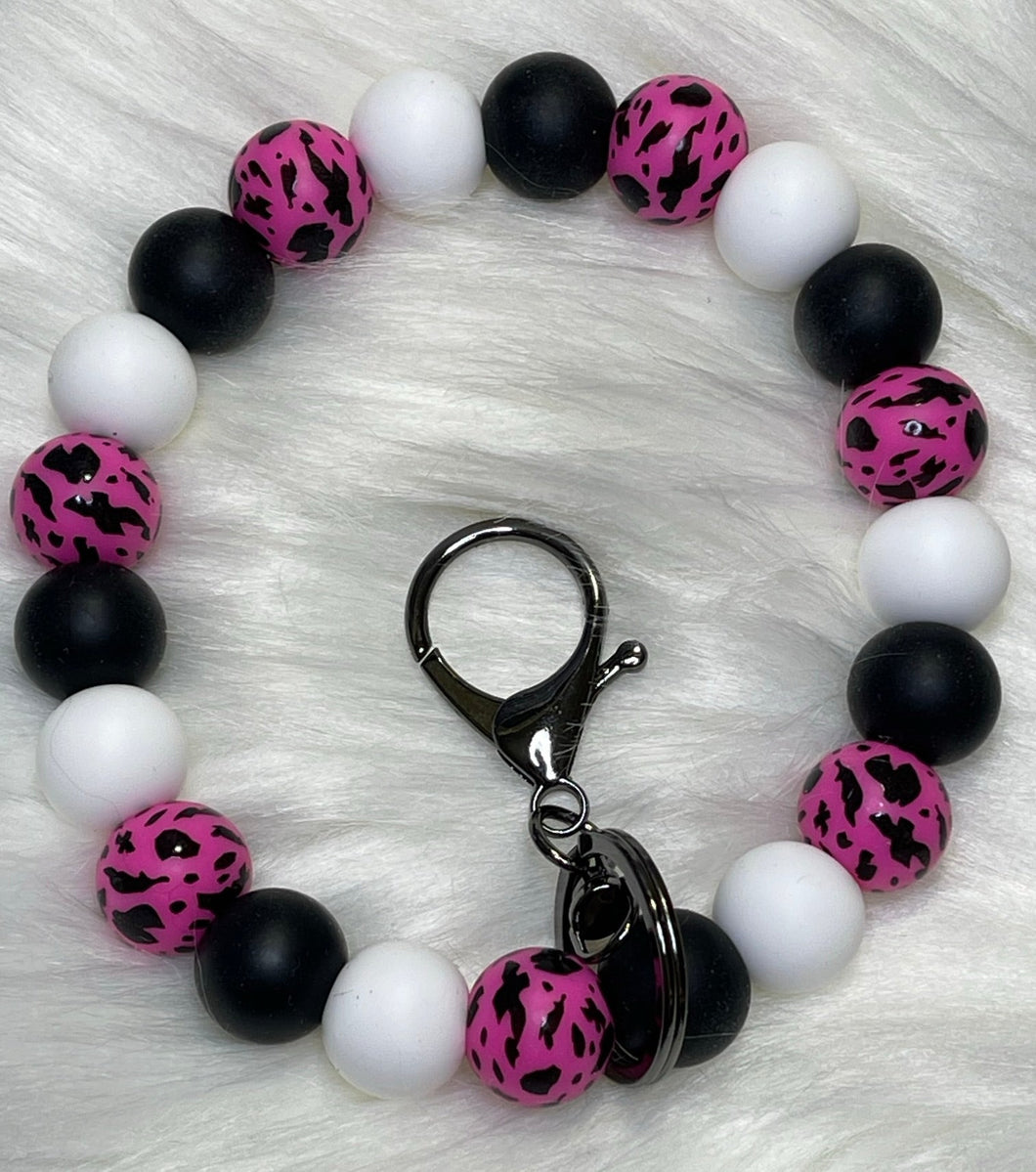 Hot Pink and Black Cow Print Beaded Wristlet Keychain