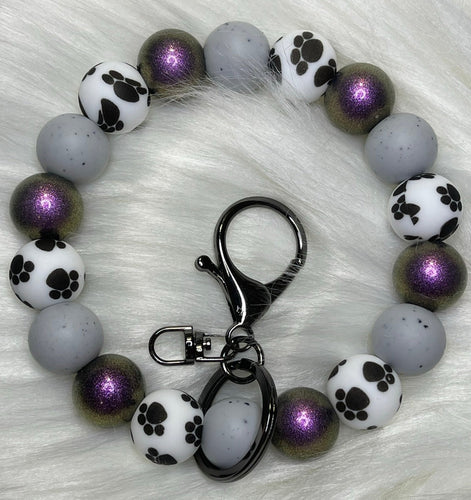 Metallic Purple and Gray Paw Print Beaded Wristlet Keychain