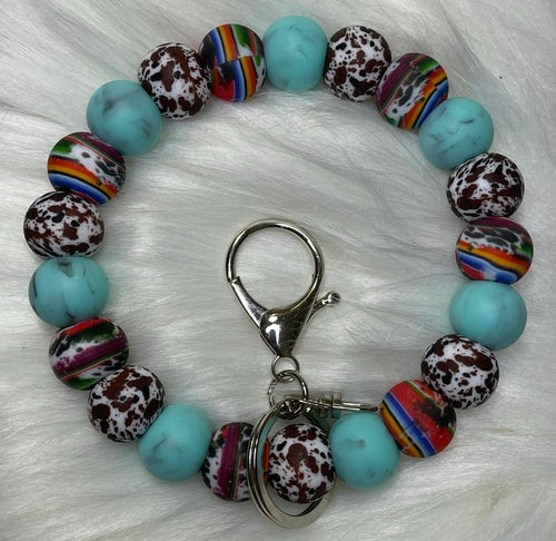 Serape Cow Print Beaded Wristlet Keychain