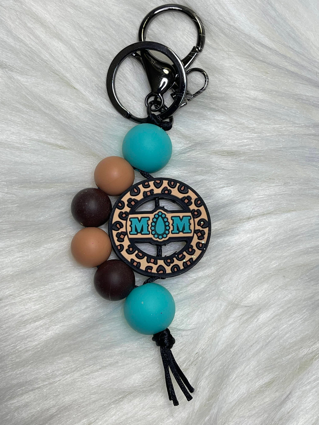 Brown Leopard and Teal Mom Wave Wave Beaded Keychain Charm