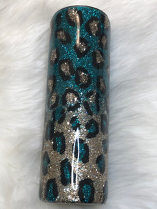 Teal and Gold Leopard Print Glitter Tumbler